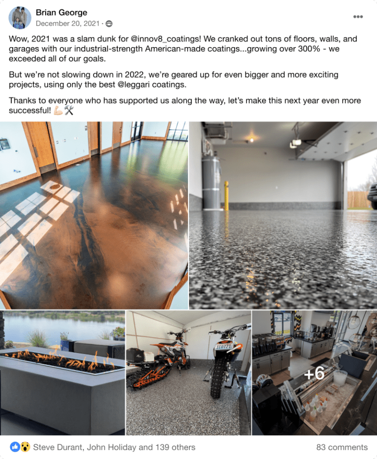 Wow, 2021 was a slam dunk for @innov8_coatings! We cranked out tons of floors, walls, and garages with our industrial-strength American-made coatings...growing over 300% - we exceeded all of our goals. But we’re not slowing down in 2022, we’re geared up for even bigger and more exciting projects, using only the best @leggari coatings. Thanks to everyone who has supported us along the way, let’s make this next year even more successful!