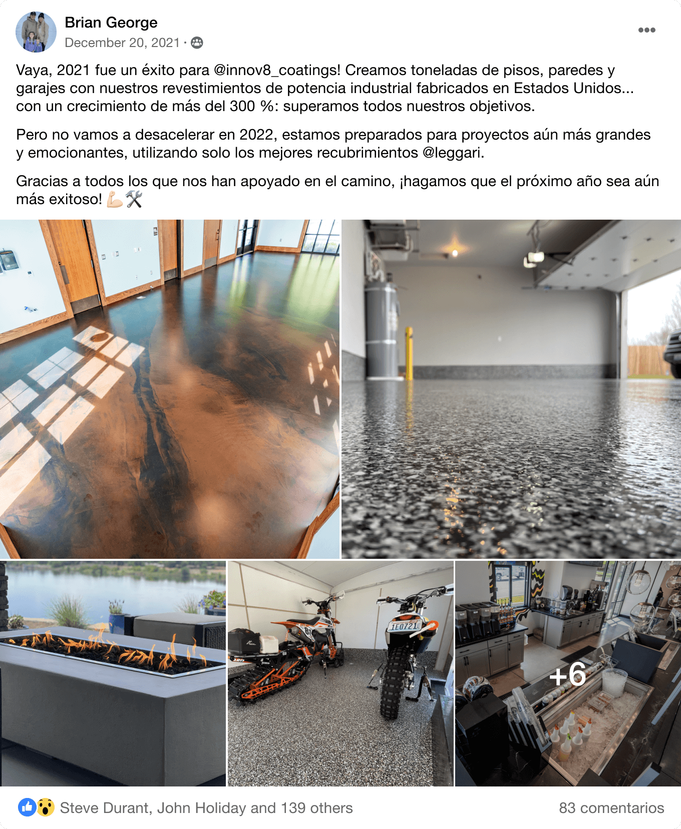 ¡Wow, 2021 fue un slam dunk para @innov8_coatings! Produjimos toneladas de suelos, paredes y garajes con nuestros capa industriales de fabricación estadounidense... crecimos más de un 300% y superamos todos nuestros objetivos. Pero no vamos a bajar el ritmo en 2022, estamos preparados para proyectos aún más grandes y emocionantes, utilizando sólo los mejores recubrimientos @leggari. Gracias a todos los que nos han apoyado a lo largo del camino, ¡hagamos que este próximo año sea aún más exitoso! 