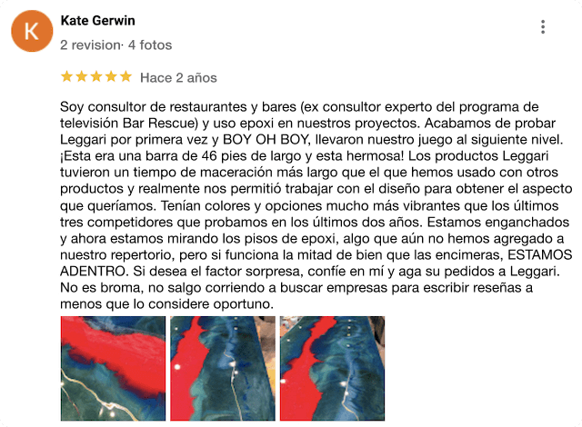 Reseña de Google para la Academia Leggari - Soy consultor de restaurantes y bares (antes fui consultor experto en el programa de televisión Bar Rescue) y uso epoxi a menudo en nuestros proyectos. Acabamos de probar Leggari por primera vez y ¡GUAU, GUAU! llevaron nuestro trabajo al siguiente nivel. ¡Era una barra de 46 pies de largo y quedó preciosa! Los productos Leggari tuvieron un tiempo de mezcla más largo que los que habíamos usado con otros productos, y eso nos permitió trabajar el diseño para conseguir el acabado que queríamos. Tenían colores y opciones mucho más vibrantes que los últimos tres competidores que habíamos probado en los últimos dos años. Estamos enganchados y ahora estamos viendo los pisos de epoxi, algo que aún no hemos añadido a nuestro repertorio, pero si funciona la mitad de bien que las encimeras, ¡NOS APUNTAMOS! Si quieres ese factor 'wow', entonces confía en mí y anímate a pedirle a Leggari. En serio, no me pongo a buscar empresas y a escribir reseñas a menos que realmente lo valga.