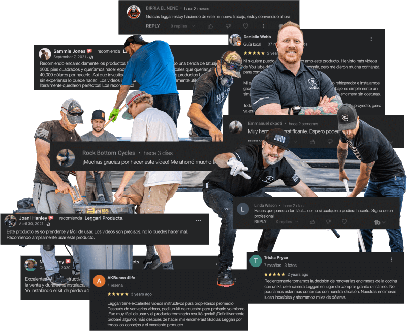 Una imagen que muestra a los expertos e instructores de Leggari aplicando recubrimientos, con reseñas brillantes y elogios que la empresa ha recibido. Esta imagen representa la calidad y eficacia de los productos y servicios de Leggari, que han sido muy reconocidos y elogiados en la industria. También destaca a los instructores expertos de la empresa y su habilidad para instalar recubrimientos, enfatizando el valor de la formación y las instrucciones que Leggari te ofrece.